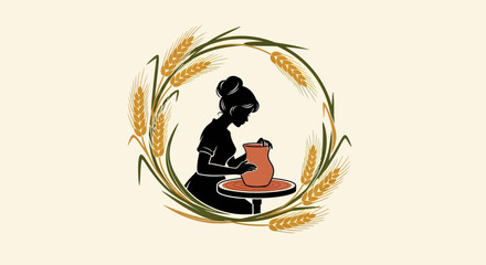 Silhouette of a woman shaping a clay pot on a pottery wheel, framed by wheat.