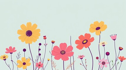 A charming array of brightly colored flowers with delicate stems are illustrated against a soft, light blue background creating a whical, floral design artfully.