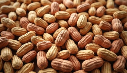 Obraz premium Pile of raw unshelled peanuts creates textured background. Earthy brown nuts are legumes with high protein content for healthy eating and snacks.