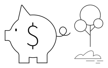 Outline piggy bank with dollar sign next to tree and cloud. Ideal for finance, eco-friendly savings, investment, sustainability, growth, budgeting, and environmental conservation. Simple flat