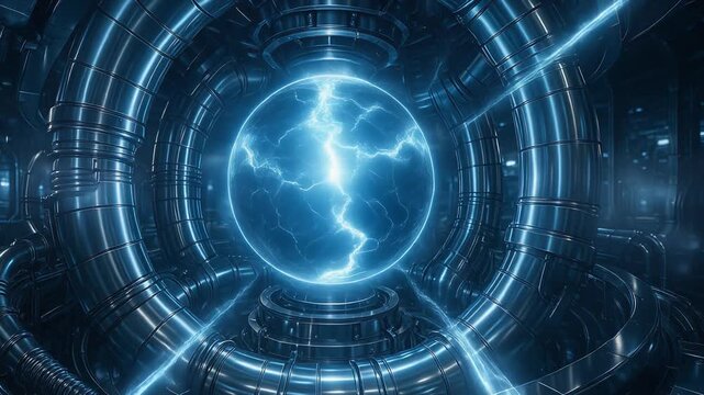 超伝導コイルが囲む青白い核融合発電エネルギー