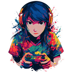 Determined gamer girl immersed in virtual world, controller in hand, isolated on transparent background intense focus in her eyes