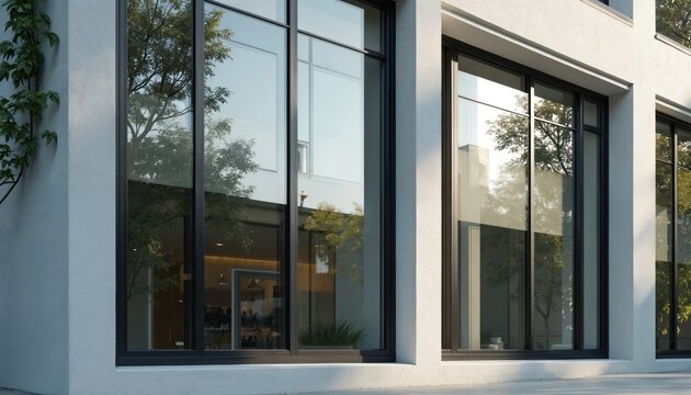 Modern black window frames adorn a light gray building exterior. Large glass panes reflect green trees and blue sky. Sleek architectural design offers bright interiors and good views.