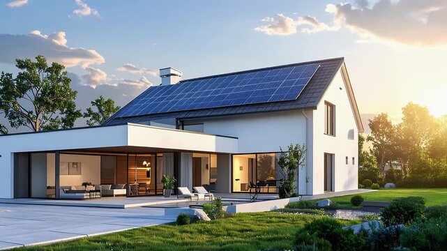 太陽光パネルを備えた現代的でエコな戸建住宅