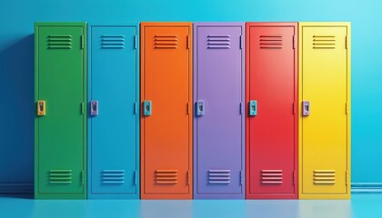 Six colorful metal lockers arranged in row stand against vibrant blue background. Each locker painted in different bright color with matching handle. Image suitable for classroom or design projects.