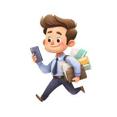 Cartoon office worker running with a phone and documents isolated on transparent background a busy man with a lot of work to do