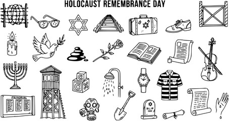 Holocaust Remembrance Day Symbols: Barbed Wire, Dove, Star of David, Candle, Train Tracks, Suitcase, Shoe, Gate, Rose, Books, Scrolls, Violin, Watch, Shirt, Shower, Tower, 