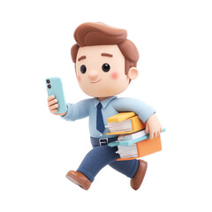 Cartoon office worker running with a phone and documents isolated on transparent background a busy man with a lot of work to do