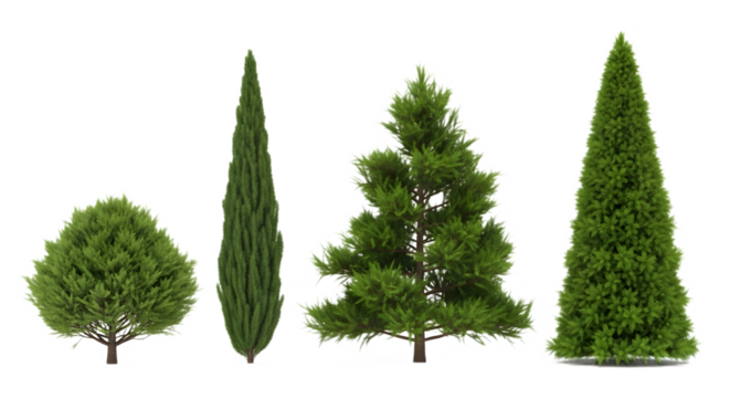 isolated row of four evergreen trees ,  Four pine trees in different sizes, isolated on a transparent background PNG 