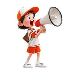 Enthusiastic cartoon boy with a megaphone, isolated on transparent background a young leader shouting with joy and excitement