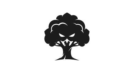 Stylized black tree illustration with ominous eyes against a white background