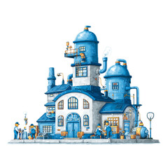 A whimsical watercolor illustration of a charming blue factory with workers, showcasing a blend of industrial and artistic elements isolated on transparent background
