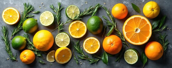 Vibrant arrangement of fresh citrus fruits, aromatic rosemary sprigs on dark grey background. Whole oranges, lemons, limes mixed with bright colorful slices. Natural healthy food for diet, cooking,