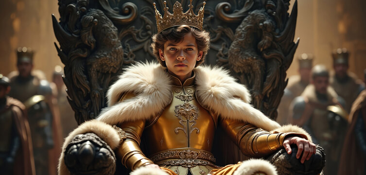 Young prince in ornate gold armor, fur trim sits on carved stone throne wearing crown. Guards watch from background. Regal boy represents medieval heir, power, nobility in historical fantasy setting.