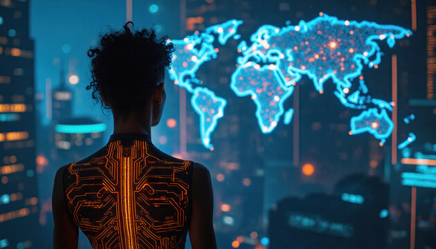 Woman views digital world map with glowing data points. Futuristic city lights glow in background. Her clothing has circuit board design. She interacts with global network. Global data concept.