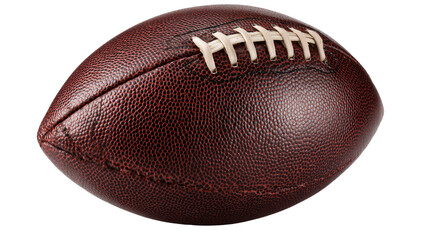 American football ball angled to show detailed texture and laces, isolated on a Transparent background, PNG file.