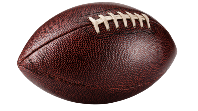 American football ball angled to show detailed texture and laces, isolated on a Transparent background, PNG file.