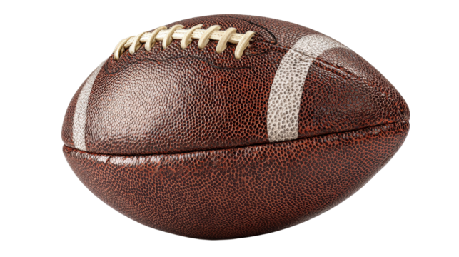 American football ball angled to show stitches and grain texture, isolated on a Transparent background, PNG file.