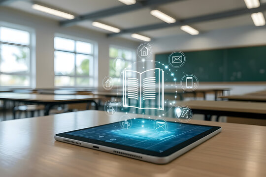 Digital tablet with glowing icons of books Digital tablet displaying holographic educational icons in a modern classroom setting.