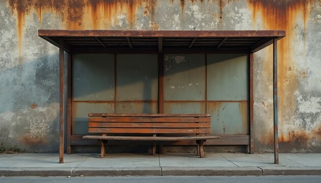 Empty bus stop with aged texture. Bench stands beside weathered wall with rust streaks. Urban scene shows shelter for passengers, creates moody quiet place with rustic surfaces. Nobody around evokes