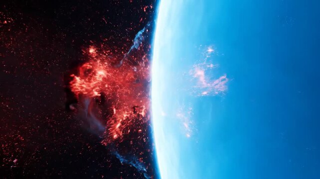 Dramatic slow-motion shot of a force field of energy deflecting chaotic red particles, concept of protection.