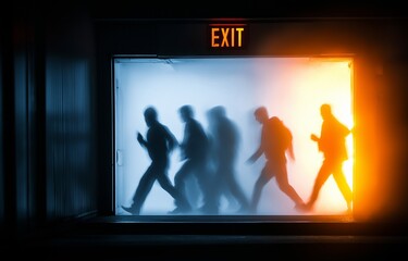 People flee via the fire exit door.