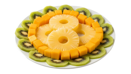 A vibrant fruit platter featuring kiwi slices, pineapple rings, and mango cubes on a transparent background