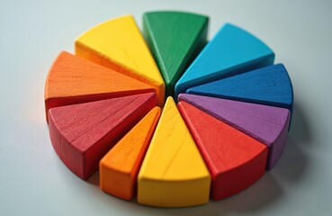 Colorful wooden pie chart segments arranged in a circle. Each piece presents different color. Conceptual image of statistics data analysis business finance strategy.