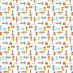 Seamless watercolor pattern of colorful Christmas gift boxes with bows and &ldquo;no peeking&rdquo; text on white background, perfect for holiday wrapping paper and festive decor.