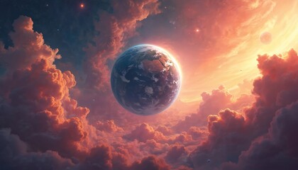 Planet earth in space with clouds and sun. Earth surrounded by orange clouds. Planet floats in galaxy with blue ocean and white clouds. Sun shines on earth from behind clouds.
