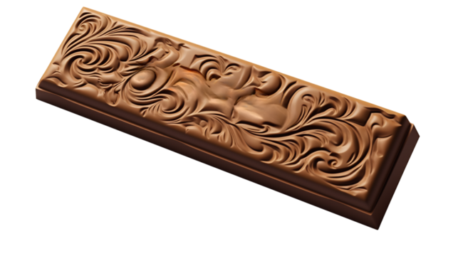 Chocolate bar with ornate carving isolated on transparent background
