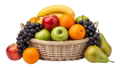 Wicker basket overflowing with a colorful variety of ripe fruits isolated on a transparent background