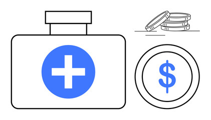 Fototapeta premium Medical box with cross icon, stacked coins, and dollar coin representing financial support for healthcare. Ideal for healthcare finance, medical insurance, funding strategies, cost management