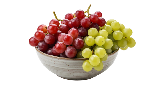 A rustic ceramic bowl filled with vibrant red and green seedless grapes on a transparent background - Powered by Adobe