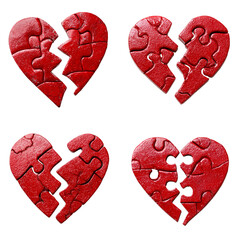 Four broken heart puzzles isolated on transparent background, symbolizing heartbreak, relationship issues, and the need for healing