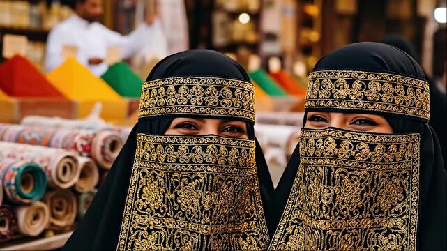 Two women in traditional Saudi Arabian dress showcasing intricate gold embroidery in a vibrant market setting
