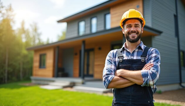 Construction worker smiles wearing hard hat near modern house. Man proudly stands arms crossed in front of new residence, job satisfaction and home ownership.