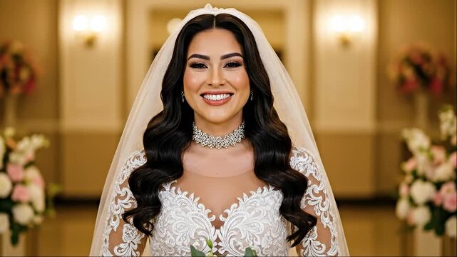 Portrait of a smiling bride wearing a veil and tiara celebrating her wedding day