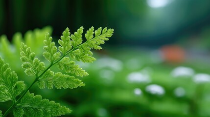 Macro Close Up Of A Vibrant Green Fern Frond With Tiny Water Droplets Catching The Light In A Lush Forest Setting With Soft Bokeh Background