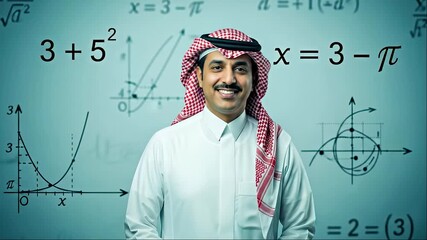 Smiling Arab mathematician in traditional dress standing in front of a chalkboard with equations for education and presentatio - Powered by Adobe