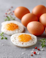 Macro Close Up Of Fresh Cracked Eggs With Bright Yellow Yolk And Savory Herbs Sprinkled On A Textured Gray Surface With Soft Natural Lighting