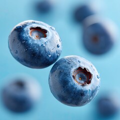 Macro Close Up Of Fresh Blueberries With Water Droplets Against A Soft Blue Background With Shallow Depth Of Field