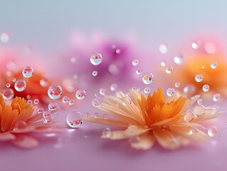 Macro Shot of Orange and Pink Flower Petals Covered in Sparkling Water Droplets in Soft Pastel Lighting