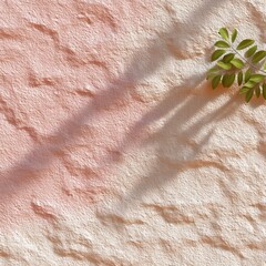 Macro Close Up of Light Beige Wall Texture With Natural Light Shadows and Green Leaves In The Corner