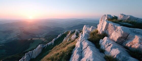 Majestic Mountain Valley Landscape at Sunrise with Golden Light Illuminating Rocky Peaks and Rolling Hills Below
