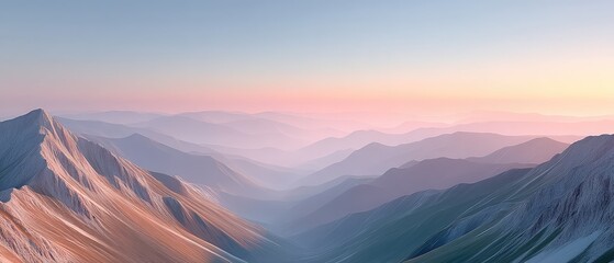 Majestic mountain range bathed in soft orange sunset light casting gentle shadows across layered peaks and valleys with a clear gradient sky above.