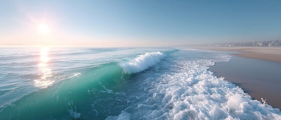 Majestic Ocean Wave Curling with Sunlight Reflection on a Sandy Beach Under a Clear Blue Sky