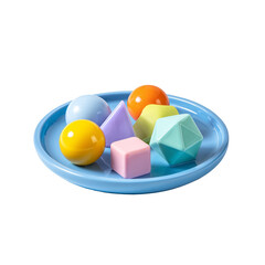 Geometric shapes in pastel colors arranged on a blue plate isolated on transparent background a playful and modern composition