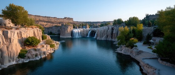 Majestic Waterfall in a Natural Canyon Surrounded by Rock Formations Under a Clear Blue Sky During Golden Hour