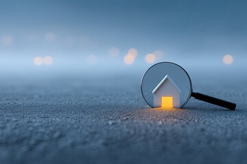 Miniature House Model Illuminated Through Magnifying Glass on Textured Surface with Soft Bokeh Background